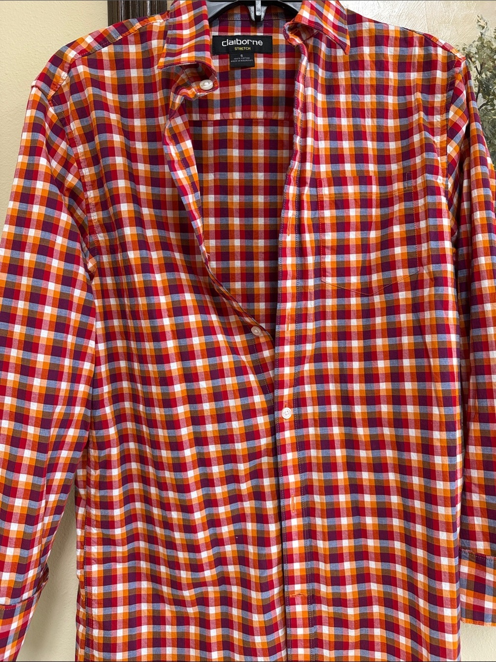 Women’s 100% cotton stretch fit Claiborne Red, Yellow & Blue Plaid Button-Down